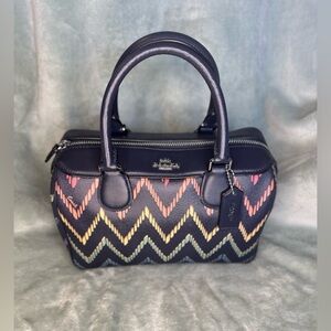 Coach Multicolored Zigzag Pattern Navy Leather Rowen Satchel Bag